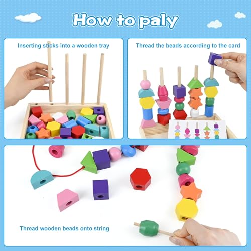 Perline da Infilare Bambini Legno,Giochi da Infilare per Bambini, 2-In-1 Giocattoli Impilabili Und Infilare,Giochi Bambino Forme Colori Geometriche Ordinamento Giocattolo,Giochi Montessori 2 3 4 Anni - immagine 6