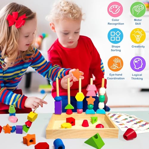 Perline da Infilare Bambini Legno,Giochi da Infilare per Bambini, 2-In-1 Giocattoli Impilabili Und Infilare,Giochi Bambino Forme Colori Geometriche Ordinamento Giocattolo,Giochi Montessori 2 3 4 Anni - immagine 7