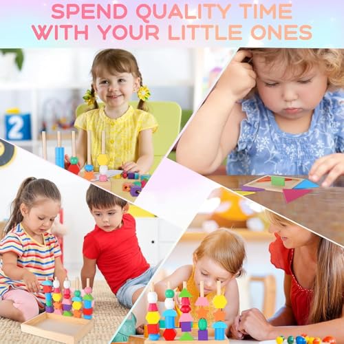Perline da Infilare Bambini Legno,Giochi da Infilare per Bambini, 2-In-1 Giocattoli Impilabili Und Infilare,Giochi Bambino Forme Colori Geometriche Ordinamento Giocattolo,Giochi Montessori 2 3 4 Anni - immagine 8