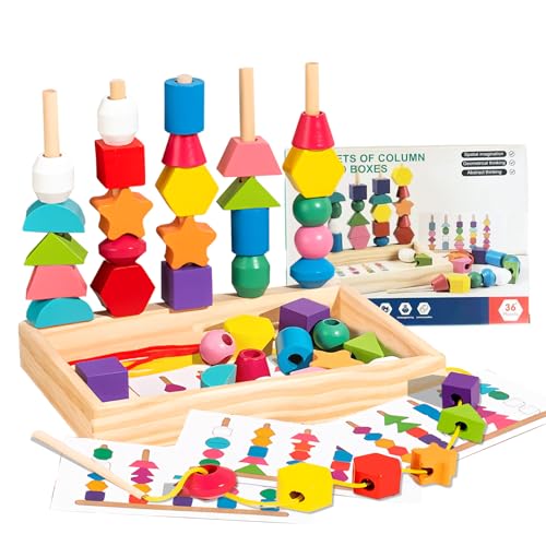 Perline da Infilare Bambini Legno,Giochi da Infilare per Bambini, 2-In-1 Giocattoli Impilabili Und Infilare,Giochi Bambino Forme Colori Geometriche Ordinamento Giocattolo,Giochi Montessori 2 3 4 Anni