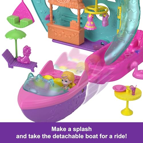 Polly Pocket Set da gioco portatile con barca con giochi d'acqua e accessori che cambiano colore, Unicorn Dream Cruise include 1 bambola e 23 pezzi totali - immagine 6