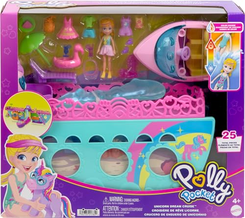 Polly Pocket Set da gioco portatile con barca con giochi d'acqua e accessori che cambiano colore, Unicorn Dream Cruise include 1 bambola e 23 pezzi totali - immagine 7