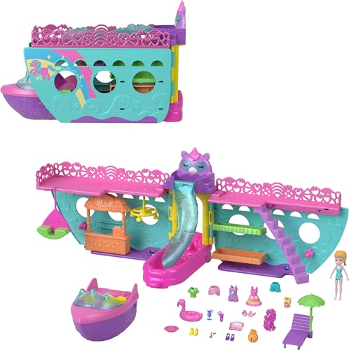 Polly Pocket Set da gioco portatile con barca con giochi d'acqua e accessori che cambiano colore, Unicorn Dream Cruise include 1 bambola e 23 pezzi totali