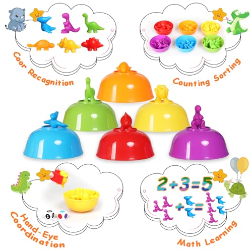 SAMISO Giochi Montessori 2 3 4 Anni,48 Pezzi Montessori Giocattolo Educativo,Conteggio degli Dinosauro con Tazze di ordinamento abbinate,Gioco Educativi Colori Ordinamento Giocattoli - immagine 4