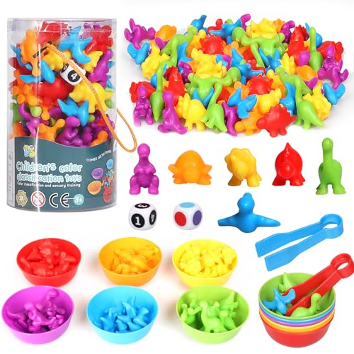 SAMISO Giochi Montessori 2 3 4 Anni,48 Pezzi Montessori Giocattolo Educativo,Conteggio degli Dinosauro con Tazze di ordinamento abbinate,Gioco Educativi Colori Ordinamento Giocattoli
