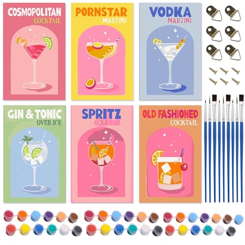 DAZZTIME Dipingere con i Numeri,6 Pezzi Quadri da Dipingere Numerati 20X30cm,Kit di Pittura Acrilica Fai-da-Te,con Pennelli e Colori Acrilici,Paint by Numbers Cocktail,per Decorazione Della