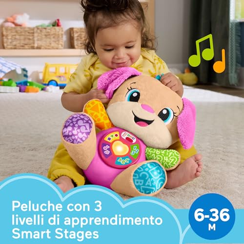 Fisher-Price Giocattolo per l'apprendimento dei neonati Ridi e Impara peluche musicale Sis Smart Stages rosa; per bambini dai 6 mesi in su, multilingue: Italiano, Spagnolo, Portoghese, Inglese, JFD35 - immagine 3