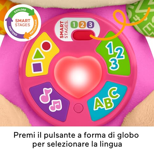 Fisher-Price Giocattolo per l'apprendimento dei neonati Ridi e Impara peluche musicale Sis Smart Stages rosa; per bambini dai 6 mesi in su, multilingue: Italiano, Spagnolo, Portoghese, Inglese, JFD35 - immagine 4