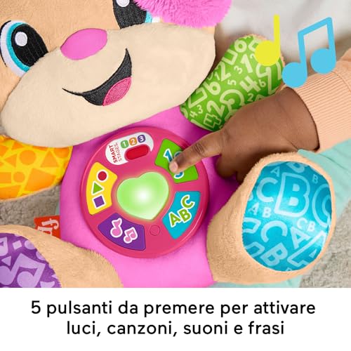 Fisher-Price Giocattolo per l'apprendimento dei neonati Ridi e Impara peluche musicale Sis Smart Stages rosa; per bambini dai 6 mesi in su, multilingue: Italiano, Spagnolo, Portoghese, Inglese, JFD35 - immagine 5