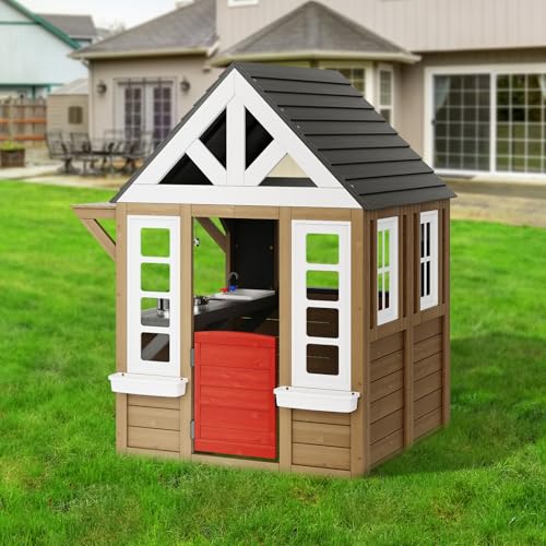 VEVOR Casetta da Gioco per Bambini da Esterno in Legno, Casetta da Giardino per Bambini, Casetta Gioco da Cortile con Porta, Finestra, Supporto per Vaso di Fiori, Griglia, Fornello e Lavello - immagine 9