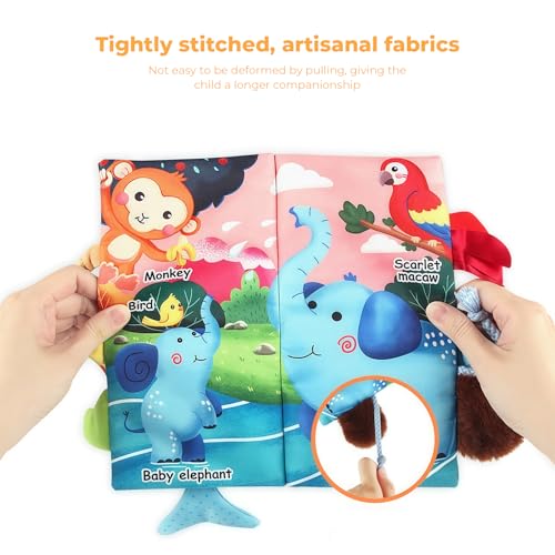 kidmance Cloth Book for Babies 0-3 Years - Interactive Early Learning Toy with Crinkle Sounds, Funhouse Mirror, And Bright Colors for Sensory Development And Fun Playtime - Jungle Adventure Theme - immagine 4