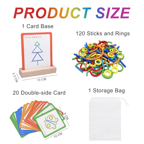 Comzantor Puzzle Creativi in Legno, Giochi Montessori, Giocattoli Educativi, 120 Nastoncini e Anelli in Legno con 20 Carte, Forma Colore Macthing Gioco, Giocattolo per Bambini a Partire Dai 3 anni - immagine 3