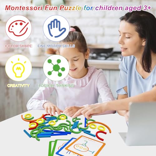 Comzantor Puzzle Creativi in Legno, Giochi Montessori, Giocattoli Educativi, 120 Nastoncini e Anelli in Legno con 20 Carte, Forma Colore Macthing Gioco, Giocattolo per Bambini a Partire Dai 3 anni - immagine 7