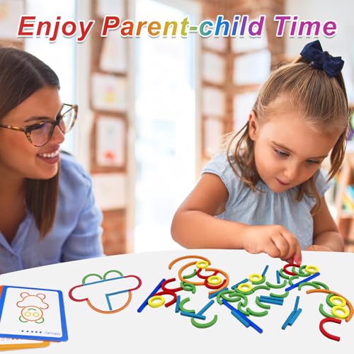 Comzantor Puzzle Creativi in Legno, Giochi Montessori, Giocattoli Educativi, 120 Nastoncini e Anelli in Legno con 20 Carte, Forma Colore Macthing Gioco, Giocattolo per Bambini a Partire Dai 3 anni - immagine 8
