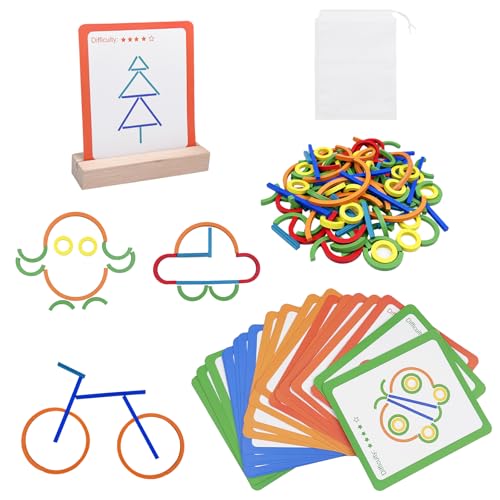 Comzantor Puzzle Creativi in Legno, Giochi Montessori, Giocattoli Educativi, 120 Nastoncini e Anelli in Legno con 20 Carte, Forma Colore Macthing Gioco, Giocattolo per Bambini a Partire Dai 3 anni