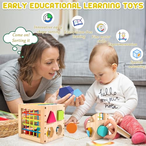 Cubo di Selezione di Forma in Legno, Giocattoli Montessori per 1 Anno, 8 Pezzi di Forme multisensoriali Colorate, Giocattolo di apprendimento per Neonati e Ragazzi, Regalo per Il Primo Compleanno - immagine 3