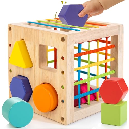 Cubo di Selezione di Forma in Legno, Giocattoli Montessori per 1 Anno, 8 Pezzi di Forme multisensoriali Colorate, Giocattolo di apprendimento per Neonati e Ragazzi, Regalo per Il Primo Compleanno
