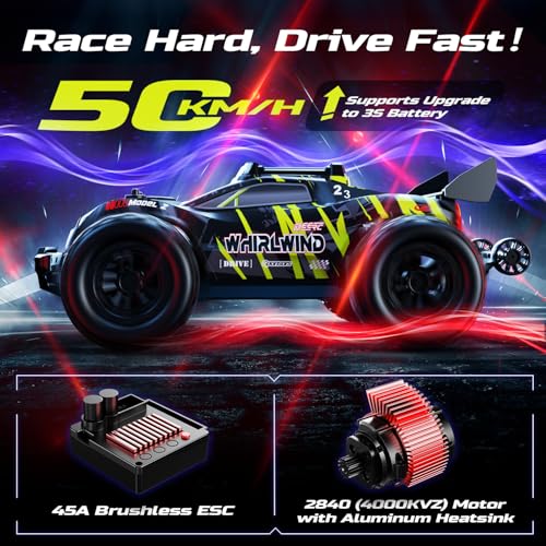 DEERC 1:14 Macchina Telecomandata Brushless per Adulti, 43MPH 4WD off-road con luci LED a 7 colori, ammortizzatori in metallo, 2 batterie 7,4V, trasmissione in metallo, 3 modalità luce. - immagine 3