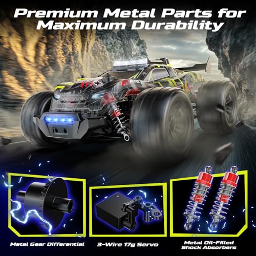 DEERC 1:14 Macchina Telecomandata Brushless per Adulti, 43MPH 4WD off-road con luci LED a 7 colori, ammortizzatori in metallo, 2 batterie 7,4V, trasmissione in metallo, 3 modalità luce. - immagine 4