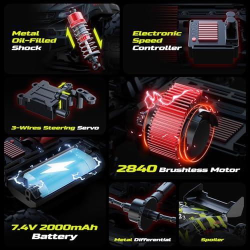 DEERC 1:14 Macchina Telecomandata Brushless per Adulti, 43MPH 4WD off-road con luci LED a 7 colori, ammortizzatori in metallo, 2 batterie 7,4V, trasmissione in metallo, 3 modalità luce. - immagine 7