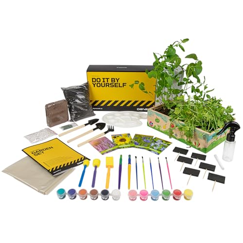 DIBYS Kit Giardinaggio Bambini | Set Completo per il Giardinaggio con Semi di Fiori, Attrezzi in Legno, Terra, Colori e Scatola da Decorare | Idea Regalo Creativa | Set di Piante | Mini Giardino