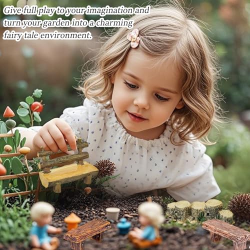 Giardino in Miniatura Decorazioni - 1 Panca in Legno 1:12, Ponte in Legno con 5 Paletti, 4 Panchine a Due Posti - Colori Giallo, Beige, Nero e Marrone, Perfetto per Paesaggi Fiabeschi, DIY - immagine 8