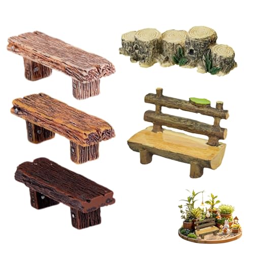 Giardino in Miniatura Decorazioni - 1 Panca in Legno 1:12, Ponte in Legno con 5 Paletti, 4 Panchine a Due Posti - Colori Giallo, Beige, Nero e Marrone, Perfetto per Paesaggi Fiabeschi, DIY