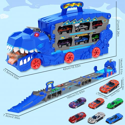 Giocattolo trasportatore di dinosauri, Camion Trasporto Giocattoli, Auto Giocattolo Pista Portatile con 6 Auto da Corsa, Dinosauro camion giocattoli auto per Bambini di 3 4 5 6 7 8 Anni - immagine 3