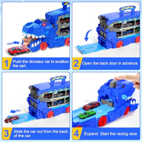 Giocattolo trasportatore di dinosauri, Camion Trasporto Giocattoli, Auto Giocattolo Pista Portatile con 6 Auto da Corsa, Dinosauro camion giocattoli auto per Bambini di 3 4 5 6 7 8 Anni - immagine 5