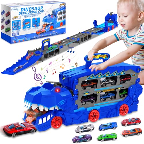 Giocattolo trasportatore di dinosauri, Camion Trasporto Giocattoli, Auto Giocattolo Pista Portatile con 6 Auto da Corsa, Dinosauro camion giocattoli auto per Bambini di 3 4 5 6 7 8 Anni