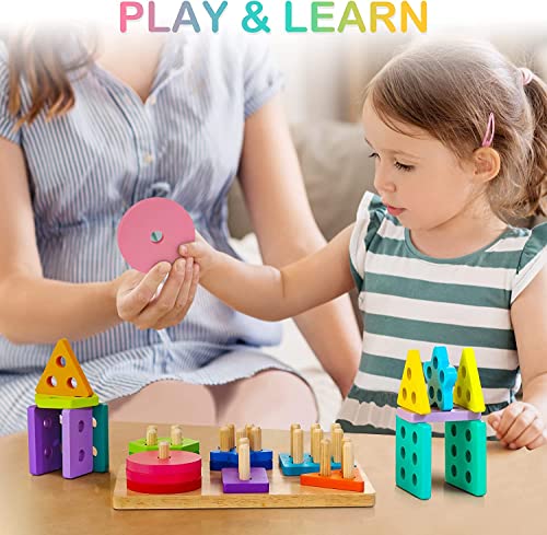 HELLOWOOD Giocattoli di Legno per l'ordinamento e l'impilamento, riconoscimento dei Colori, selezionatore di Forme, Giocattolo educativo Montessori - immagine 7