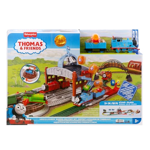 Il Trenino Thomas - Centro di Consegna Barili, set con locomotiva Thomas motorizzata a pile e vagone merci, pista lunga 5+ metri e barili inclusi, giocattolo per bambini, 3+ anni, JGY30