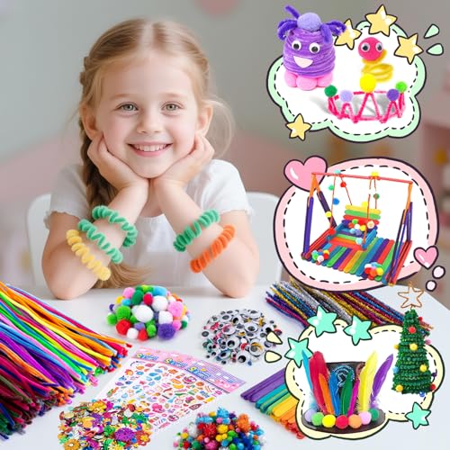 Lavoretti Creativi per Bambini, Art Craft Set con Pompon, Occhi Contorti, Scovolini Colorati Per Lavoretti e Bastoncini di Legno, Kit Creativo Bambina per Ragazzo Bambini Di 3+ Anni - immagine 7