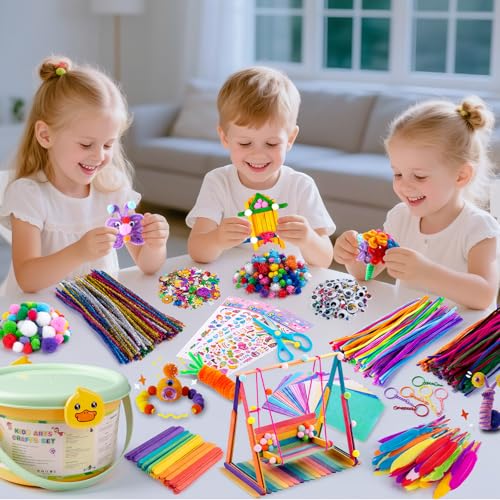 Lavoretti Creativi per Bambini, Art Craft Set con Pompon, Occhi Contorti, Scovolini Colorati Per Lavoretti e Bastoncini di Legno, Kit Creativo Bambina per Ragazzo Bambini Di 3+ Anni - immagine 8