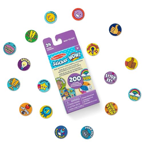 Melissa & Doug Sticker Wow Mini Blocco attività e 200 Ricarica per timbratore, Giocattolo tattile e Artistico collezionabile – Adesivi Premio Assortiti Way to Go, Multicolore, 50319