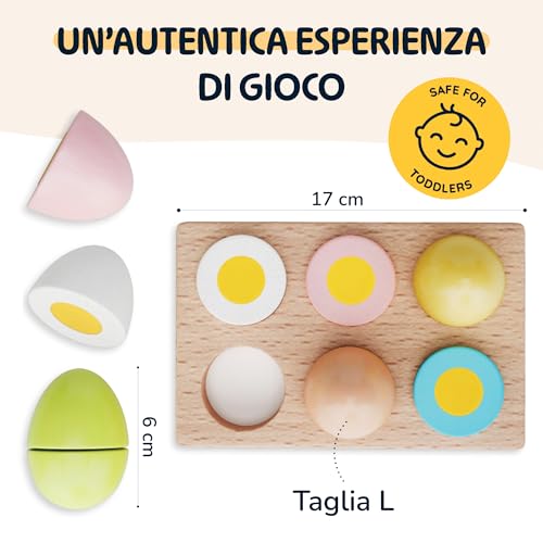 Merle Toys® Accessori per Negozio in Legno: 6 Uova di Legno Colorate con Chiusura a Strappo per Bambini dai 2 ai 4 Anni, Accessori Cucina Giocattolo in Legno, Giochi per Cucina e Bottega - immagine 8