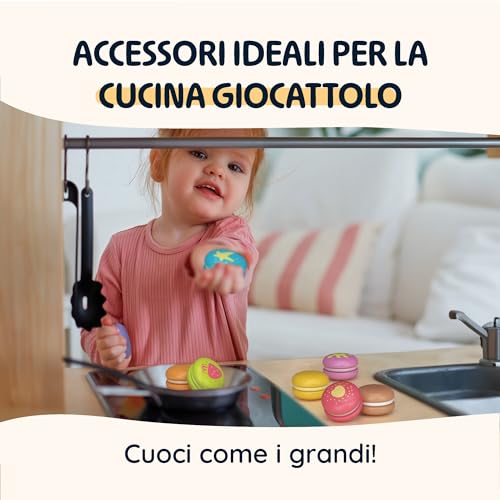 Merle Toys® Macarons: Giochi Montessori da 2 ai 3 e 4 anni, Giochi Bambini, cibo Giocattolo, accessori cucina legno, dolci finti, Set da 8 Macaron colorati per supermercato e carrello spesa - immagine 4
