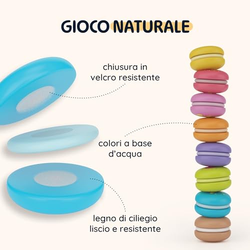 Merle Toys® Macarons: Giochi Montessori da 2 ai 3 e 4 anni, Giochi Bambini, cibo Giocattolo, accessori cucina legno, dolci finti, Set da 8 Macaron colorati per supermercato e carrello spesa - immagine 5