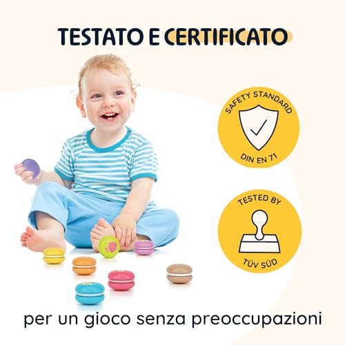 Merle Toys® Macarons: Giochi Montessori da 2 ai 3 e 4 anni, Giochi Bambini, cibo Giocattolo, accessori cucina legno, dolci finti, Set da 8 Macaron colorati per supermercato e carrello spesa - immagine 7