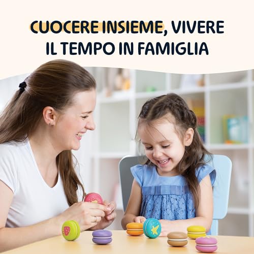 Merle Toys® Macarons: Giochi Montessori da 2 ai 3 e 4 anni, Giochi Bambini, cibo Giocattolo, accessori cucina legno, dolci finti, Set da 8 Macaron colorati per supermercato e carrello spesa - immagine 8