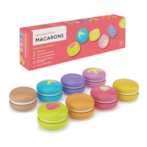 Merle Toys® Macarons: Giochi Montessori da 2 ai 3 e 4 anni, Giochi Bambini, cibo Giocattolo, accessori cucina legno, dolci finti, Set da 8 Macaron colorati per supermercato e carrello spesa