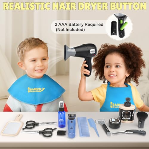 Set da parrucchiere per bambini, kit da salone alla moda con rasoio, forbici, tagliacapelli elettrico, asciugacapelli a batteria, gioco di ruolo per bambini dai 3 anni in su, regalo per ragazzi. - immagine 4