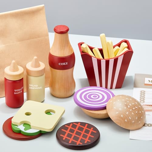 Set di Cibo da Gioco Finto in Legno per Hamburger - Lavabile, Realistico e Colorato - Fast Food Senza BPA - Miglior Regalo Educativo per Bambini dai 3 Anni - immagine 3