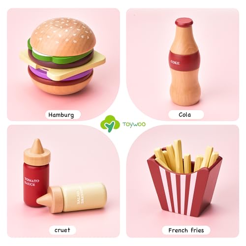 Set di Cibo da Gioco Finto in Legno per Hamburger - Lavabile, Realistico e Colorato - Fast Food Senza BPA - Miglior Regalo Educativo per Bambini dai 3 Anni - immagine 4