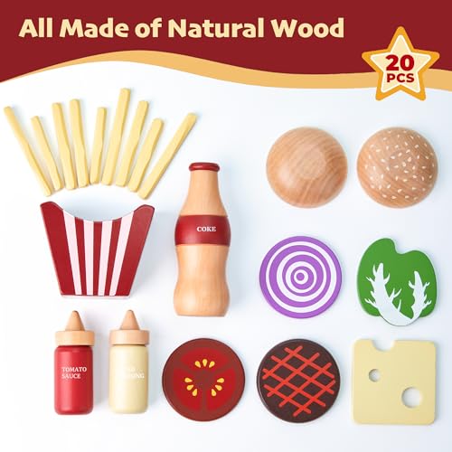 Set di Cibo da Gioco Finto in Legno per Hamburger - Lavabile, Realistico e Colorato - Fast Food Senza BPA - Miglior Regalo Educativo per Bambini dai 3 Anni - immagine 5