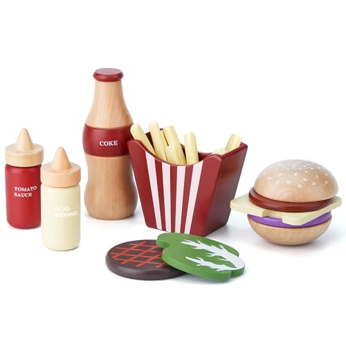 Set di Cibo da Gioco Finto in Legno per Hamburger - Lavabile, Realistico e Colorato - Fast Food Senza BPA - Miglior Regalo Educativo per Bambini dai 3 Anni
