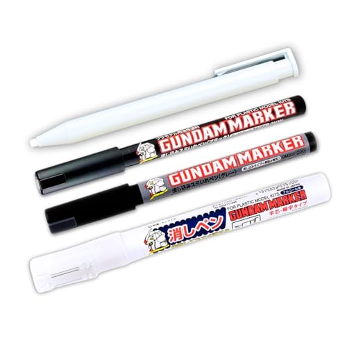 Someie GSI Creos Gundam Marker Pour Type GM301 Black & GM302 Gray & Eraser Pen GM300 & Knock-Type Eraser Flow-in Type Panel Liner Pen