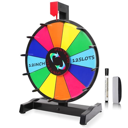 iElyiEsy Ruota premio rotante da 30,5 cm, ruota da tavolo per premi con supporto, 12 slot di colore, superficie cancellabile per fiere, feste di carnevale, giochi di fortuna