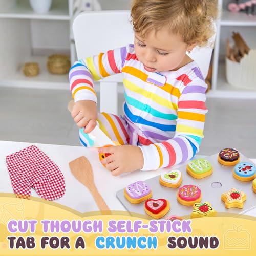 Accessori da cucina per bambini in legno, giocattolo in legno, accessori da cucina per bambini a partire dai 3 anni, set per biscotti in legno per tagliare e cuocere con velcro, giocattolo Montessori, - immagine 4
