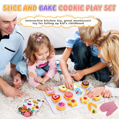 Accessori da cucina per bambini in legno, giocattolo in legno, accessori da cucina per bambini a partire dai 3 anni, set per biscotti in legno per tagliare e cuocere con velcro, giocattolo Montessori, - immagine 7